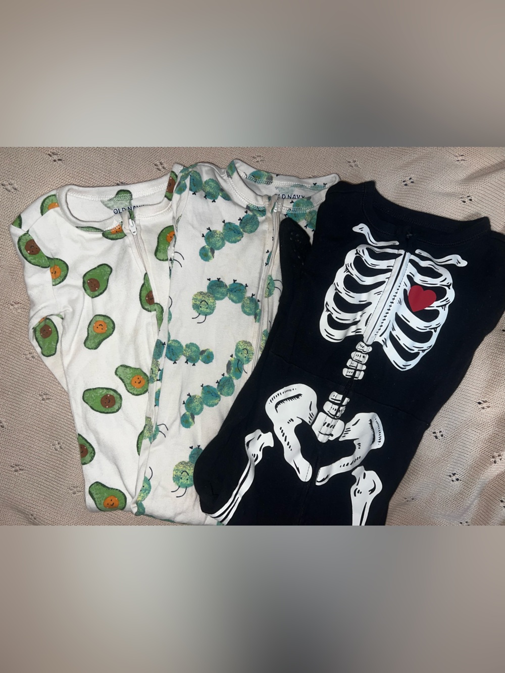 Old Navy White Avocado & Caterpillar Sleep and Black Skeleton Top